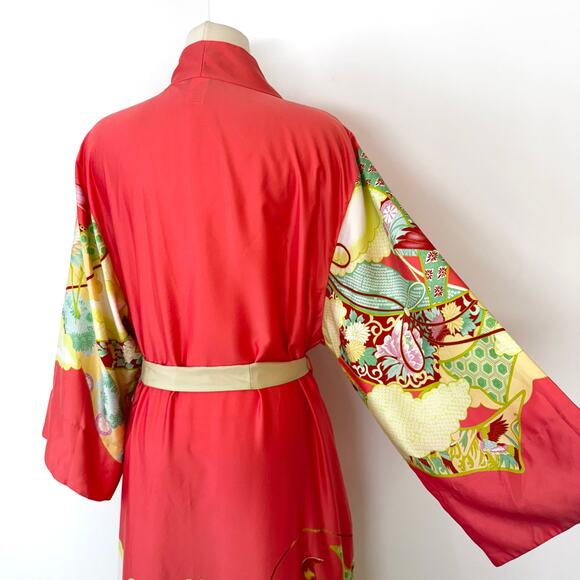 Natori Satin Belted Robe Kimono Maxi Length Coral Print XL - Picture 9 of 12